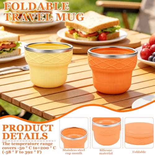 shaojian 2Pcs Collapsible Camping Cup 200ml Foldable Cup with Stainless Steel Rim and Lid, Portable Pocket Cups for Hiking Camping Travel Airport Hotel Mouthwash(Orange+Yellow) — view 3