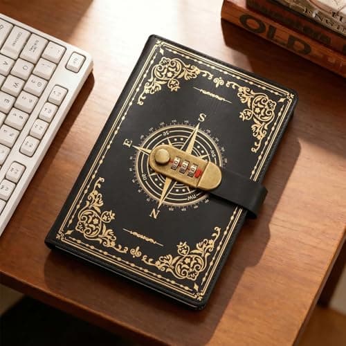 SIMDAO A5 Journal With Lock, Vintage Leather Compass Diary, 200 Pages Lined Paper Notebook With Pen, Secret Diary With Combination Password, Locked Journal for Men Women, Study, Travel Writing — view 3