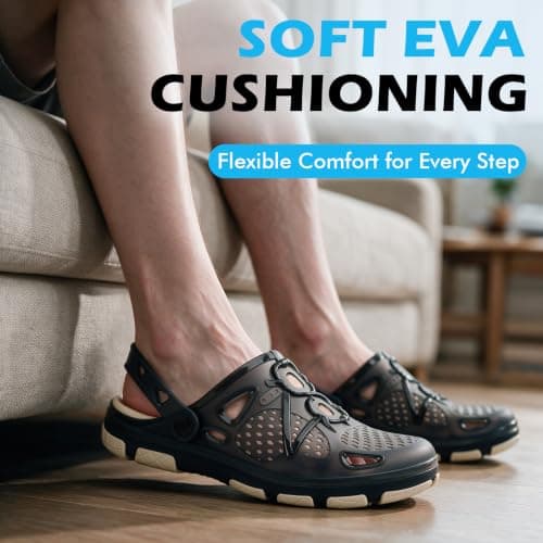 beister Mens Clogs Non Slip Water Shoes with Adjustable Strap, Lightweight Slip on Mules Garden Kitchen Outdoor Beach Yard Pool Shower Summer Sandals Slippers Black Beige — view 6