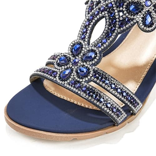 Women's Bohemian Rhinestone Wide Fit Wedge Sandals T Strap Dress Shoes Elastic Heel Strap Soft Insole Flats Non Slip Open Toe Comfortable Walking Sliders,Navy, Size 6 — view 4