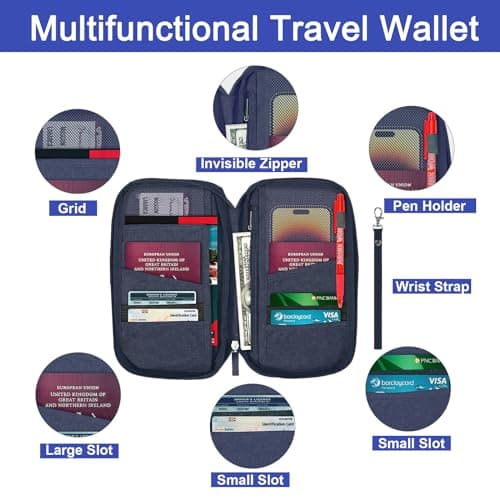 Passport Holder Travel Wallet, Large Capacity Travel Document Holder, RFID Blocking Waterproof Portable Travel Wallet Organiser for Cash Passport ID Card Credit Cards Flight Ticket Pen (Navy Blue) — view 2