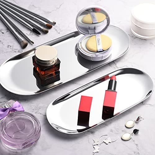 Set of 2 Multi-Purpose Oval Stainless Steel Tray – Mirror-Polished,Jewelry & Perfume Storage, Bathroom Organizer, Coffee Table Tray, Candle Display, 23cm x 9.5cm, Silver — view 2