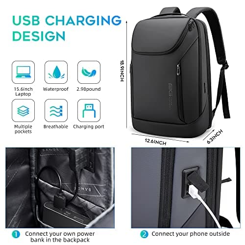 BANGE Business Smart Backpack Waterproof laptop backpack with USB Charging Port,Travel Durable Backpack (BlACK(three Pocket) — view 5