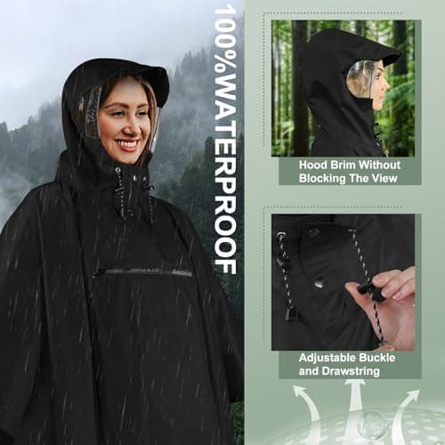 Andake Rain Poncho Lightweight Raincoat Unisex Rain Jacket with Waterproof Hood for Camping, Hiking, Outdoor Activities (Black) — view 5