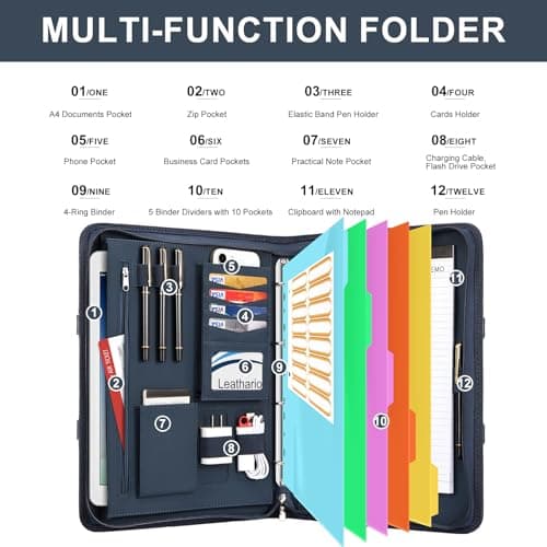 Leathario Portfolio Folder A4, Vegan Leather Conference Folder with Handle, 4-Ring Travel Document Holder with 5 5-Part File Dividers, Multi-Pocket Document Folder Organiser, Office Supplies — view 4
