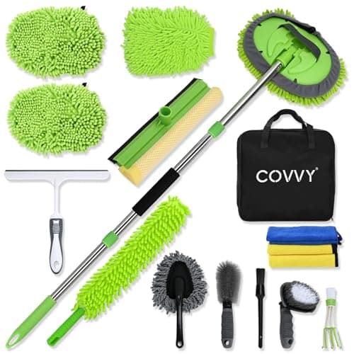 COVVY 14 Pcs Car Cleaning Kit,62 Inch Car Wash Mop Head with Long Handle,Wash Mop Mitt,Window Scraper,Soft Cleaning Cloth,Duster,Storage Bag,Car Wheel Brush,Detailing Brush Set for Cleaning Car,Wheels