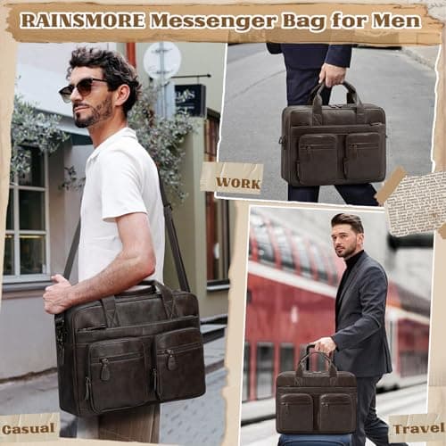RAINSMORE Messenger Bags for Men Vintage Briefcase PU Leather Laptop Bag 15.6 Inch Satchel Bag for Work Business Office College Trip School Black/Brown/Dark Brown Coffee — view 2