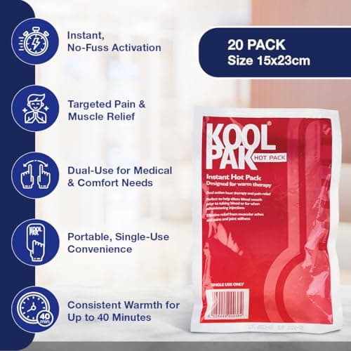 Koolpak Instant Heat Pack - Soothing Pain Relief for Neck, Back, Shoulder & Arthritis - Portable Single-Use Hot Packs Stay Warm 40 Mins | Compact Size 15x23cm for First Aid, Travel, Camping (20 Pack) — view 3