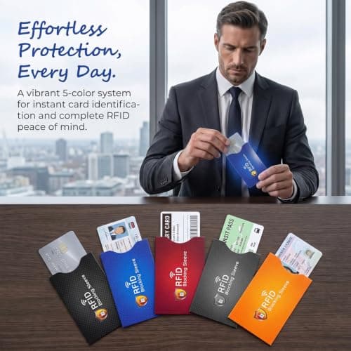 RFID Blocking Sleeves, [5 Pack 5 Color] [TÜV Certification] Anti-Theft Credit Card Protector RFID & NFC Contactless Card Security Holders Prevent Identity Theft for Credit, Debit Cards, Passport — view 5