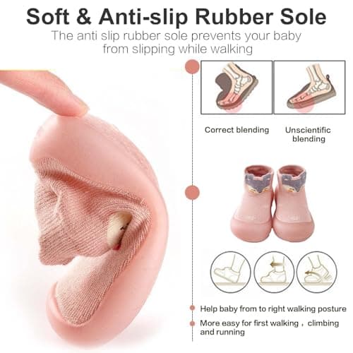 Baby Girls Boys First Walking Shoes Anti Slip Slippers Socks Barefoot Shoes Toddler Infant Non Slip Sole Shoes Breathable(Pink Grey, 12-18Month) — view 3