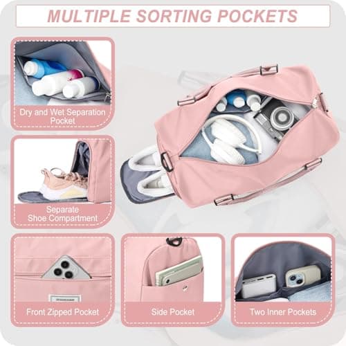 HYC00 Gym Bags Women Men Sports Duffle Bag with Shoes Compartment & Wet Pocket,Travel Duffel Bags for Women Large Weekend Overnight Holdall for Hospital Swimming Carry on Hand Luggage Bags,Pink — view 3