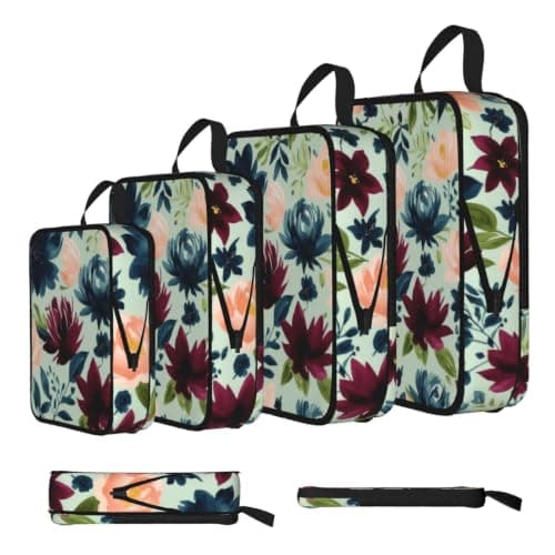 Maroon And Navy Flowers Print 4 Set Expandable Packing Organizers For Luggage Suitcase Travel Accessories