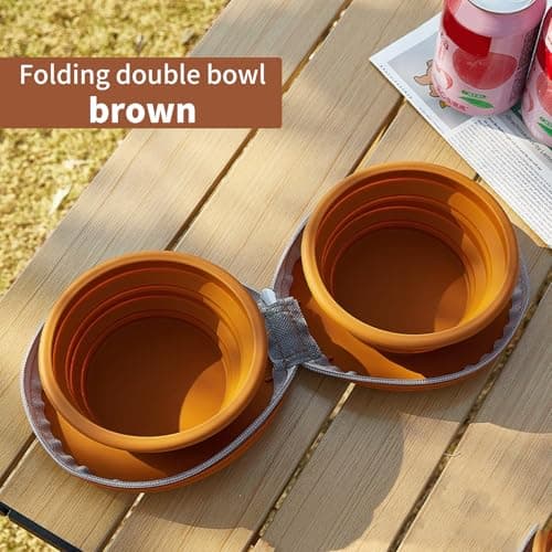 2 in 1 Collapsible Dog Bowl, Portable Silicone Double Dog Food and Water Bowl with Zip Case, Foldable Pet Bowl for Walking, Hiking, Camping and Travel (Brown) — view 4