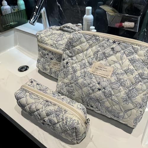 Aucuu 3PCS Coquette Makeup Bag, Quilted Makeup Bag for Women, Floral Cotton Cosmetic Bag Set, Large Capacity Aesthetic Floral Toiletry Bag, Travel Toiletry Bag, Wash Organizer Pouch for Women Girls — view 5