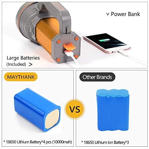 MAYTHANK Super Bright Handheld LED Torch with Lantern USB Rechargeable Large Battery 10000MA, Most Powerful Big Spotlight Flashlight Heavy Duty High Powered Searchlight — view 5