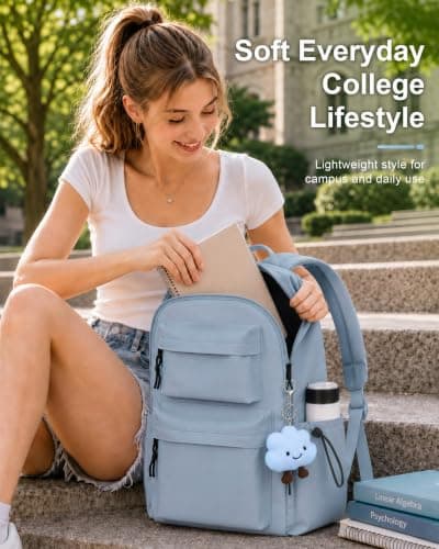 FIORETTO Backpack Womens School Bag Girls Boys, Lightweight Water-Resistant Fits 15.6” Laptop Large Capacity Rucksack with Anti-Theft Pocket, Ideal for School College Commuting Travel Dusty Blue — view 2