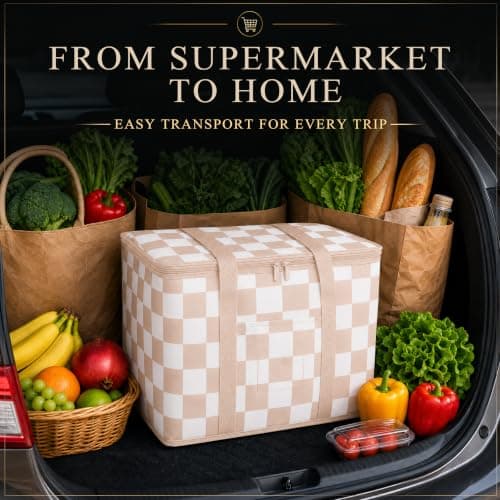 Ohocut Checkered Cooler Bag, Large 40L Foldable Insulated Grocery Shopping Bag, Checkerboard Cool Insulated Food Delivery Bag for Picnic, Camping, Travel (Beige) — view 3