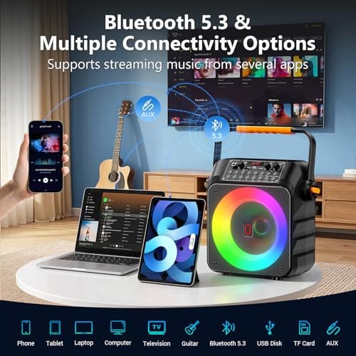 HWWR Karaoke Machine for Adults, Portable Bluetooth Karaoke Speaker with 2 Wireless Microphones, PA System with 6.5" Subwoofer, Echo Adjustment, Support REC/TF Card/USB/AUX for Home Party — view 3
