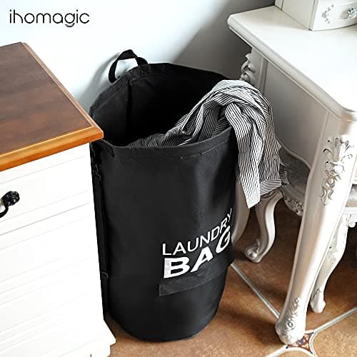 IHOMAGIC Collapsible Fabric Laundry Hamper, Portable Laundry Bag Backpack with Adjustable Shoulder Straps and Pocket, Hanging Dirty Clothes Bag for College, Travel, Laundromat, Apartment 71L (Black) — view 5
