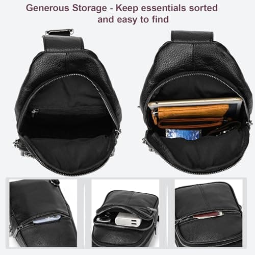 Yevabo Genuine Leather Men's Chest Bag Sling Crossbody Backpack - Anti-Scratch Multi-Pocket Adjustable Strap for Travel Hiking Commuting Daily Use, Black — view 5