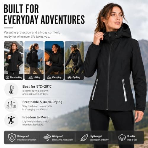 Women's Lightweight Packable Waterproof Jacket, Hooded Windproof Raincoat with Adjustable Hood and 2 Waterproof Zip Pockets for Hiking, Travel, Running (UK, Alpha, S, Regular, Regular, Black) — view 6