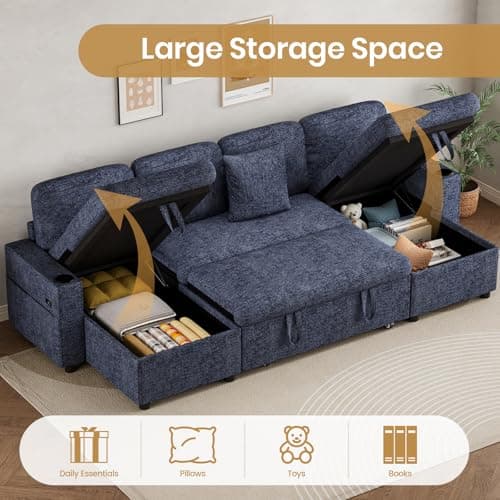 Corner Sofa Bed, Convertible U-Shaped Sofa with Double Storage Chaise, USB & Type-C Ports, 4 Seater Pull Out Sofa Couch Bed with 2 Cup Holders and 2 Pillows for Living Room, Chenille Blue — view 5