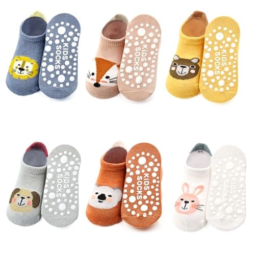 ELUTONG Toddler Non Slip Animal Cartoon Anti Skid Socks - 6 Pairs Grip Ankle Socks for 1-3 Years Baby Boys & Girls