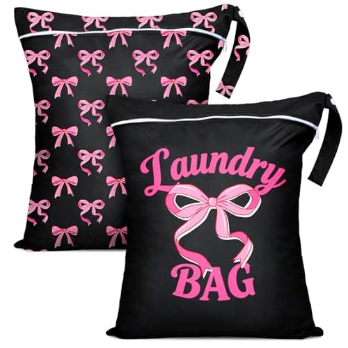2PC Travel Laundry Bags, 55X45CM Large Waterproof Laundry Bags with Side Handles & Zippers, Dirty Clothes Organiser for Travel & Home Use (Pink Bows on Black Background)