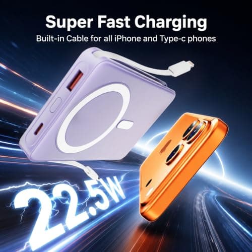 Magnetic Portable Charger,10000mAh Power Bank Built in Cables & LED Display External Battery Pack 22.5W Fast Charging Wireless Travel Powerbank for iPhone 17/16/15/14/13/12 Series/iPad,purple — view 4