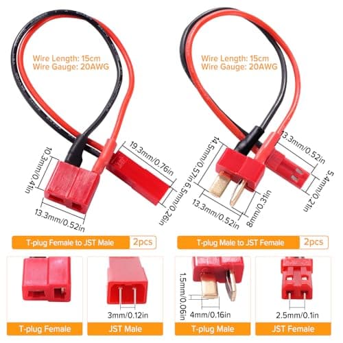 Lyeteung 4 PCS JST to T Plug Adapter Cable, Deans-T Plug Male / Female to JST Male / Female Connector, with 15cm 20AWG Silicone Cable, for RC LiPo Battery — view 2