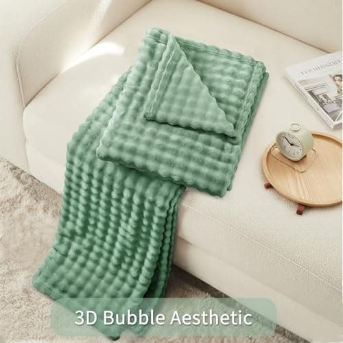 RUIKASI Fleece Throw Blanket for Sofa - Green Double Fluffy Bubble Throws Cozy Blanket with Reversible Design, Twin 150x200 cm — view 5