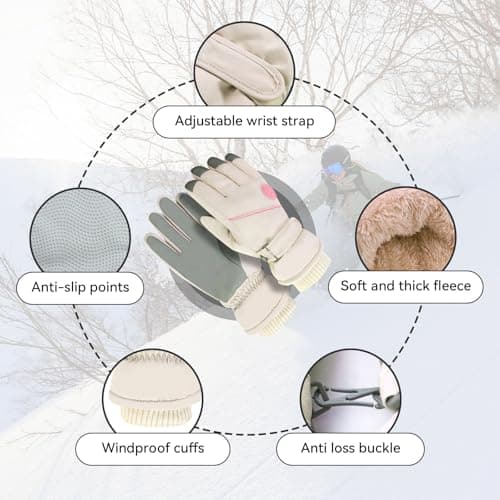 Feelorna Ski Gloves for Women, Winter Thermal Touchscreen Waterproof Gloves with Adjustable Wristband, Plush Lining Windproof Warm Snowboard Snow Glove for Skiing Cycling Running (beige) — view 3