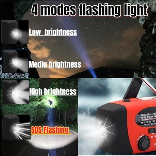 Handsider Wind Up Radio, Solar Emergency FM AM NOAA Portable Radio with SOS Alarm, LED Flashlight, 5000mAh Power Bank USB C Cellphone Charger for Camping Hiking (5000mAh Red) — view 5