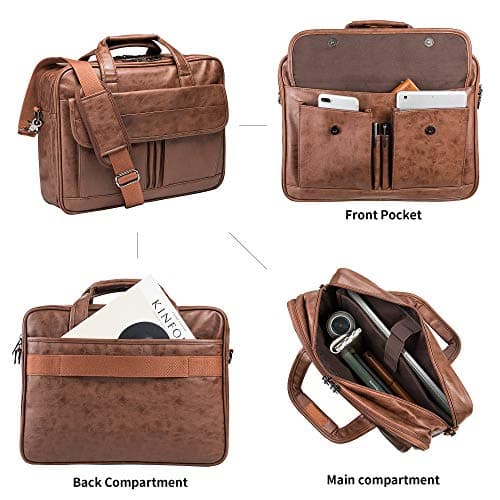 seyfocnia Mens Laptop Bag, PU Leather Messenger Bag Water Resistant Business Travel Briefcase, Work Computer Bag Satchel Bag for Men（17.3 Inch Brown） — view 6