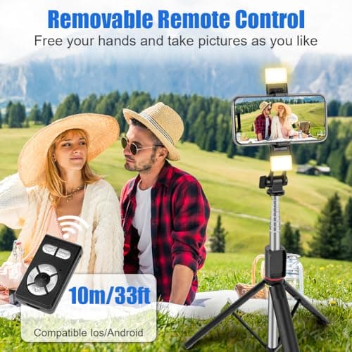 Adiwo Mobile Phone Tripods, 67''/170cm Extendable Selfie Stick with 2 Fill Lights, 3 in 1Portable Travel Phone Holder, with Detachable Wireless Bluetooth Remote, Compatible with Android, IOS (Black) — view 6