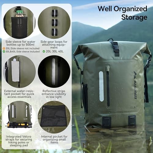 MARCHWAY Roll Top Waterproof Backpack, Floating Dry Bag 20L/30L/45L with Ergonomic Rectangular Base, Cushioned Back, Hip Strap, Gear Loops, MOLLE for Hiking Camping Kayaking Travel (Army Green, 20L) — view 2