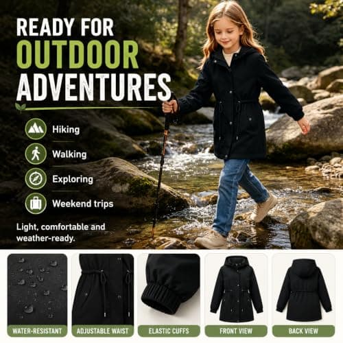 Slxbear Girls Waterproof Coats Kids Rain Jacket Windproof Windbreaker Solid Full Zip Up Button Raincoats with Pockets Long Sleeve Autumn Outwear Teens School Casual Clothes13 Years — view 6