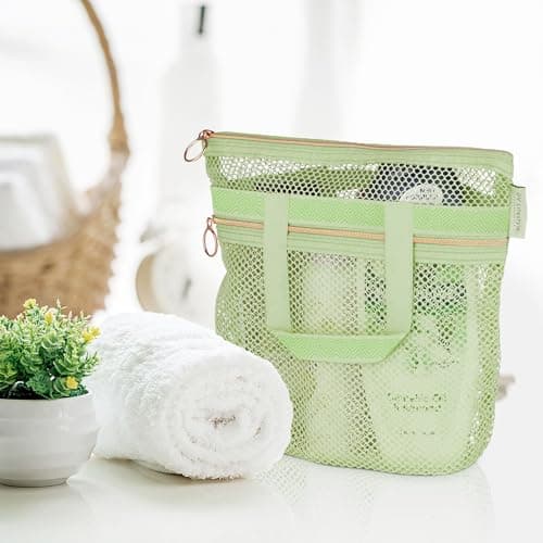 DV Lifestyle Mesh Shower Bag 25 x 26cm Caddy with Zipper & 2 Pockets. Quick-Dry Portable Toiletry Tote for Bathroom, Gym, Travel, Camp, Beach, for Sunscreen, Dorm & College Essentials (Light Green) — view 6