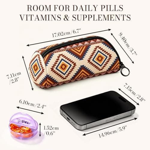 Portable Round Pill Box with Zipper Pouch, Neutral Boho Travel Pill Organiser for Tablets, Vitamins, Capsules and Supplements, Compact Medicine Case — view 5
