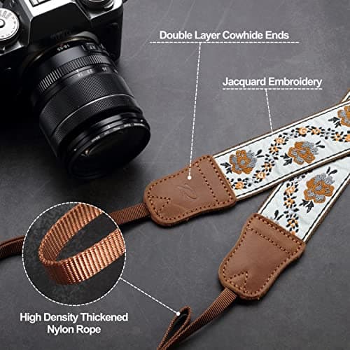 Camera Strap - 1.5" Cowhide Head Shoulder Neck Strap ,Retro Jacquard Embroidery Multi-pattern camera straps for Cameras and Binoculars,Cute Adjustable Thin Strap for Adults & Kids(Yellow Jacquard） — view 3