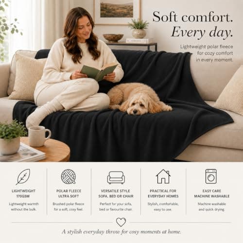 Adore Home Soft Warm Polar Fleece Blanket Large - Cosy Throw for Sofa, Bed, Travel, Car and Camping, 120x150cm, Black — view 4
