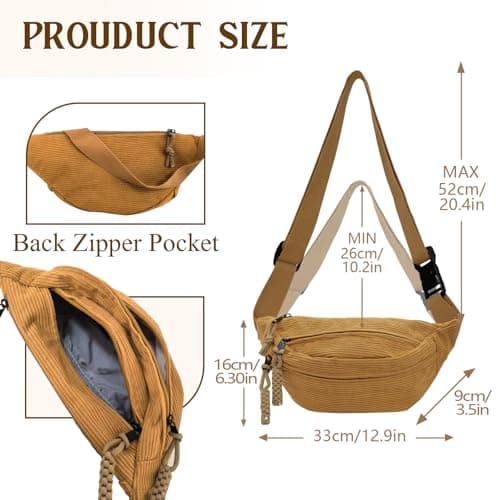 XSDSLS Corduroy Bum Bag Waist Bag for Men Women,Crossbody Waist Bag Fanny Pack with Adjustable Strap Belt Bag for Travel Festival Walking Sport Running Outdoor Gym (Khaki) — view 2