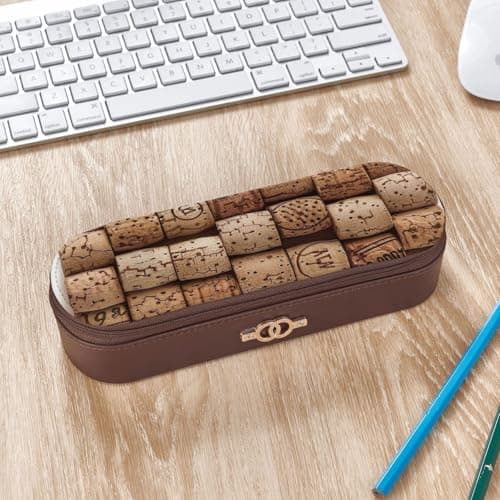 ttyuac Wine Cork Print Pencil Case, Hardshell Faux Leather Stationery Pouch Aesthetic Pencil Case for Stationery, Toiletries, Makeup, Travel, Office Supplies — view 3