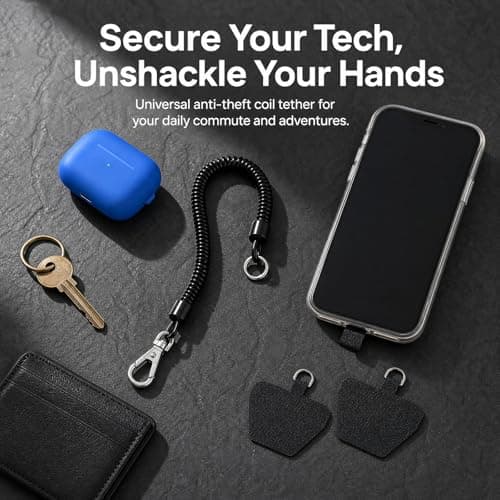 Solvio Retractable Anti-Theft Phone Tether Lanyard, Elastic Anti-Lost Safety Strap with 2 Tether Patches & Carabiner Clip, Universal Phone Cord for Smartphone Outdoor Hiking Skiing Festival Travel — view 3