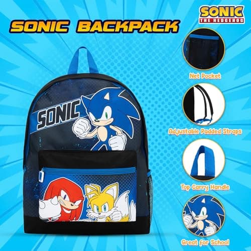 Sonic The Hedgehog Boys Backpack, Kids School Bag, Blue Black Gaming Rucksack with Front Pocket & Side Mesh, Lightweight School Travel Bag — view 3