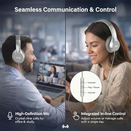 Zollexa Wired Over-Ear Headphones, Mic, 3.5mm Jack, USB-C Adapter, Silver — view 2
