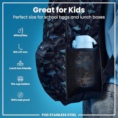 Ion8 Lightweight Steel Kids Water Bottle, 400ml/13oz, Non-Insulated, Leak Proof, Easy to Open, Secure Lock, Dishwasher Safe, Fits Cup Holders, Carry Handle, Metal Water Bottle, Blue, Safari — view 2