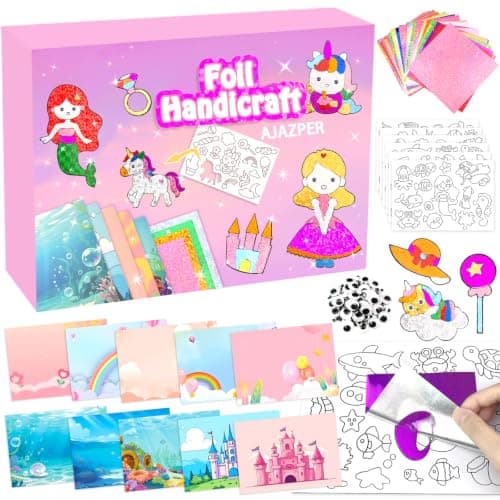 AJAZPER Foil Handicraft for Kids, Arts Kit for Kids, Art & Craft Supplies Kits, DIY Creative Activity Travel Toy Gift, Ideal Birthday Christmas Party Favor Gifts for Girls Boys Ages 4+ (Pink)