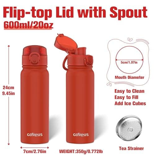 GOPPUS 600ml/20oz Insulated Water Bottle with Spout Lid (No Straw) Leakproof Stainless Steel Sports Bottle with One Hand Open Lid Double Wall Flask with Handle Keeps Drinks Cold BPA Free (Red) — view 2