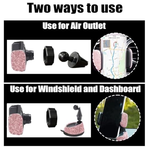 CGEAMDY Universal Bling Car Cell Phone Holder, 360°Adjustable Rhinestone Phone Mount with One More Air Vent Base, Crystal Car Interior Decoration, for Windshield, Dashboard and Air Vent (Pink) — view 4